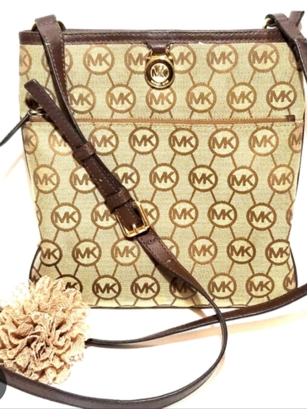 Michael Kors Beige and Brown Logo Crossbody Bag